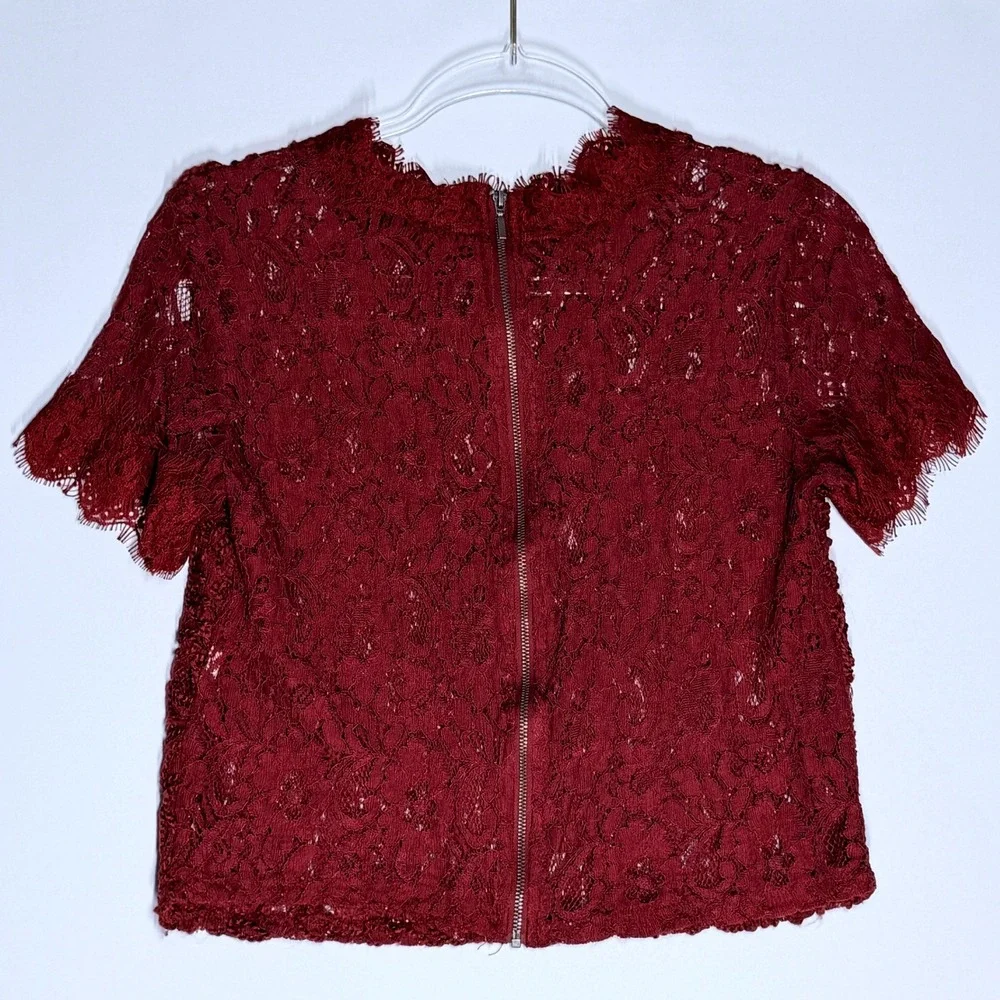 Zara Trafaluc Burgundy Lace Short Sleeve Crop Top Medium